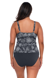 Back pose #1 of Nicky wearing Sunsets Fanfare Seagrass Texture Forever Tankini Top with matching Hannah High Waist bikini bottom