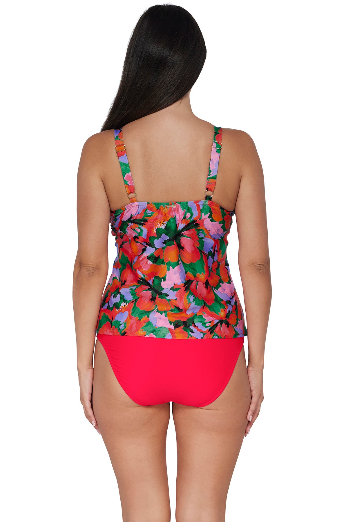 Back pose #1 of Nicki wearing Sunsets Hummingbird Cove Forever Tankini Top paired with coordinating Geranium Capri High Waist Bottom