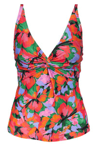 Front pose #1 of a floating garment shot featuring Sunsets Hummingbird Cove Forever Tankini Top