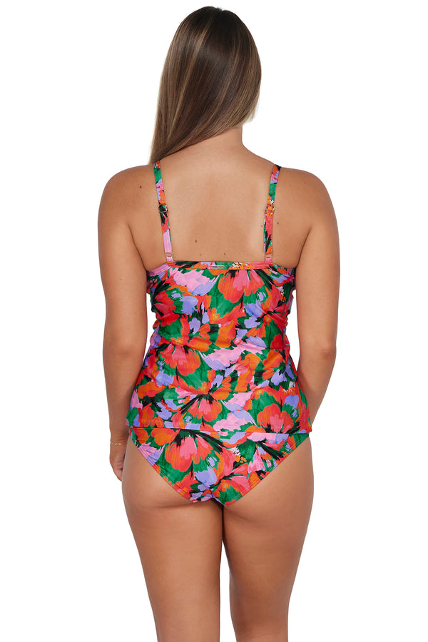 Back pose #1 of Taylor wearing Sunsets Hummingbird Cove Forever Tankini TopCapri High Waist Bottom Capri High Waist Bottom