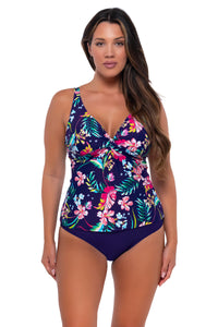 Front pose #1 of Nicky wearing Sunsets Island Getaway Forever Tankini Top with matching Hannah High Waist bikini bottom