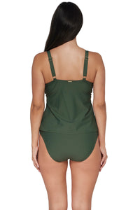 Back pose #1 of Nicki wearing Sunsets Island Green Forever Tankini Top paired show matching Hannah High Waist Bottom