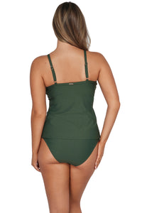 Back pose #1 of Taylor wearing Sunsets Island Green Forever Tankini Top paired with matching Hannah High Waist Bottom