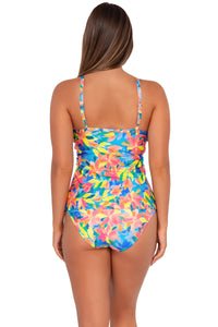 Back pose #1 of Taylor wearing Sunsets Shoreline Petals Forever Tankini Top with matching Hannah High Waist bikini bottom
