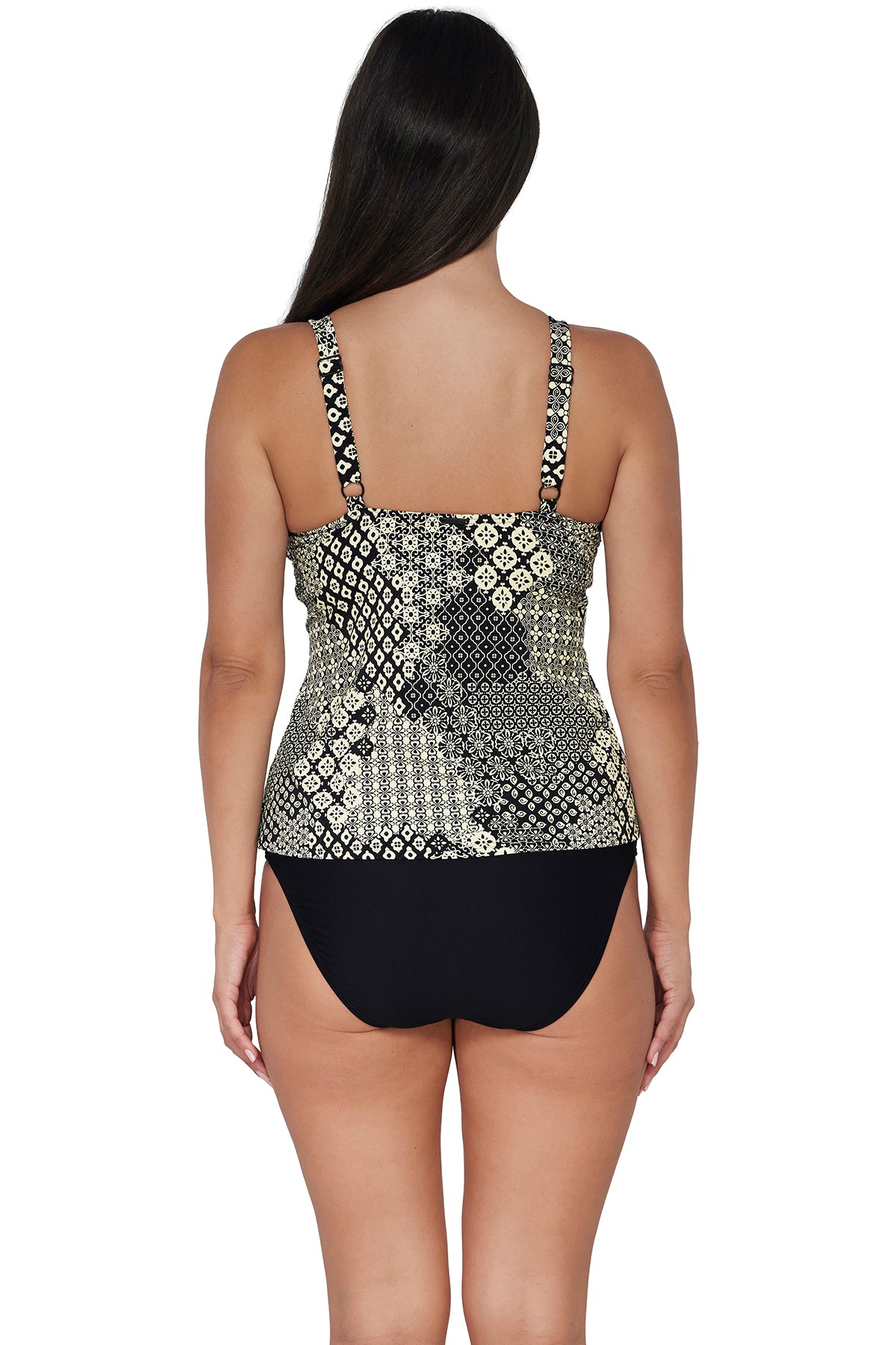 Back pose #1 of Nicki wearing Sunsets Venice Seagrass Texture Forever Tankini Top paired with coordinating Black Hannah High Waist Bottom