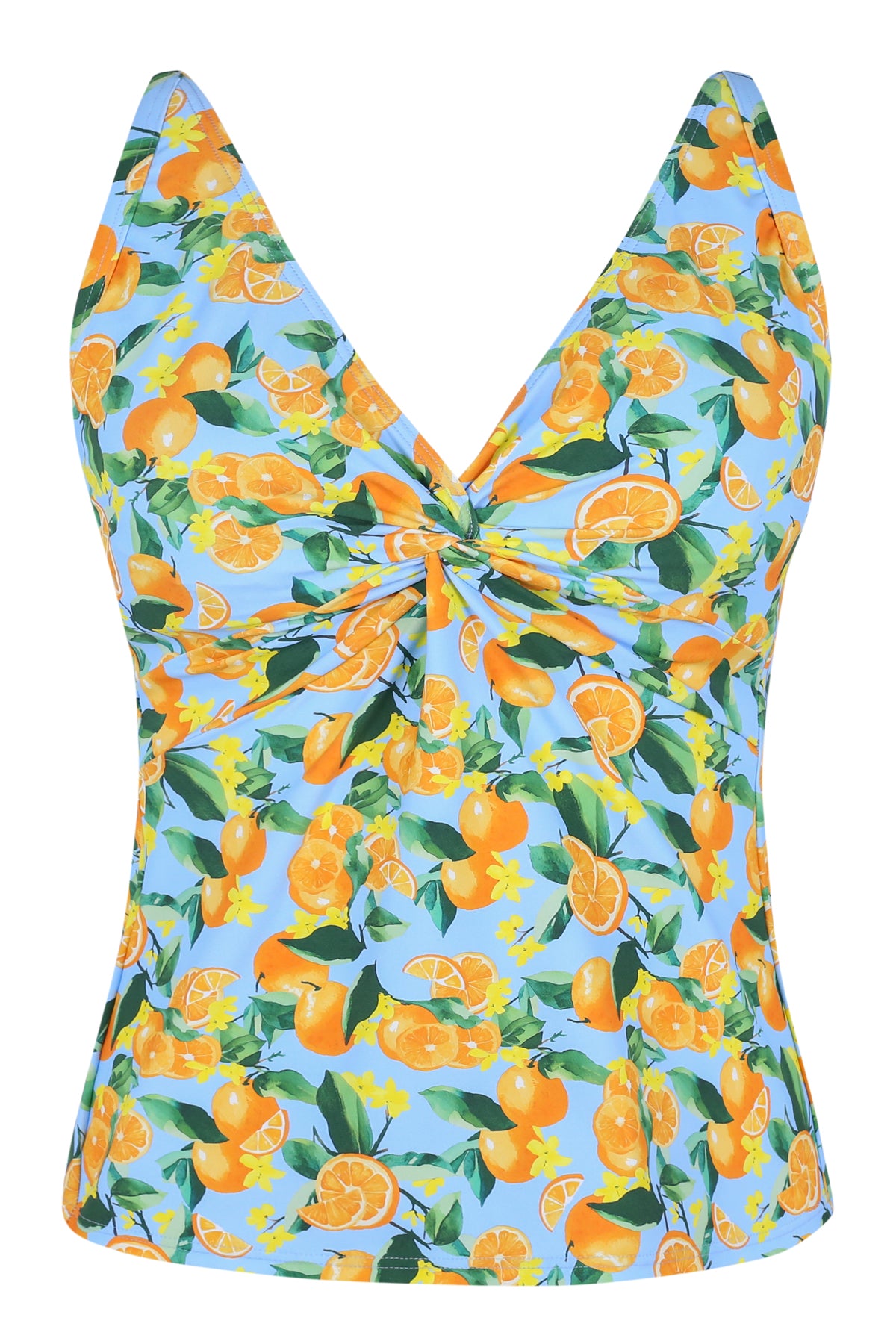 Front pose #1 of a floating garment shot featuring Sunsets Clementine Forever Tankini Top