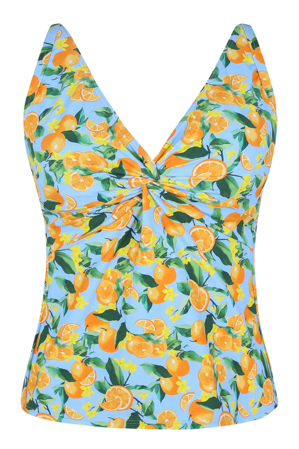 Front pose #1 of a floating garment shot featuring Sunsets Clementine Forever Tankini Top