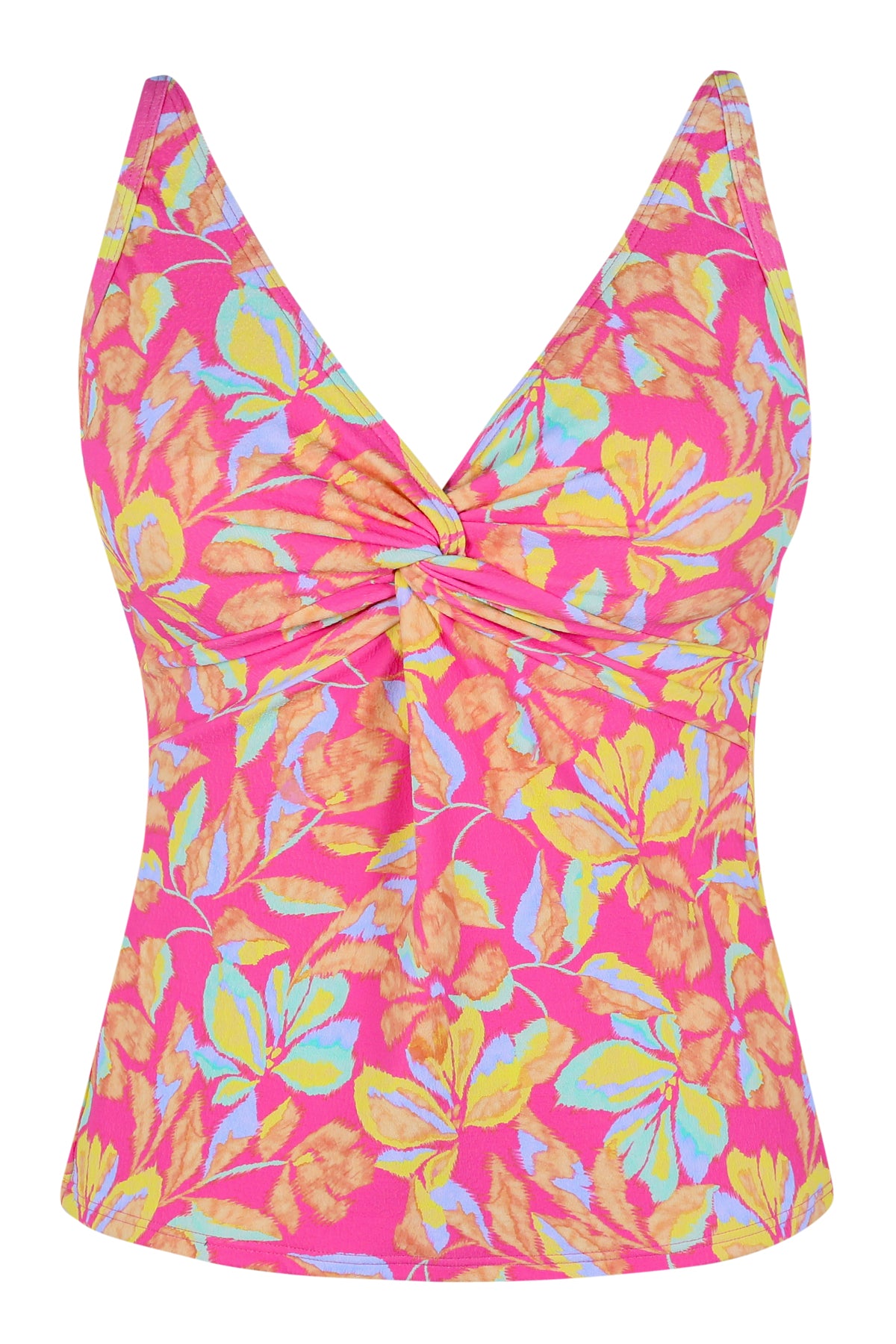 Front pose #1 of a floating garment shot featuring Sunsets Magic Hour Crepe Forever Tankini Top