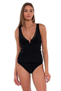 Front pose #1 of Daria wearing Sunsets Black Vivian Tankini Top with matching Hannah High Waist bikini bottom
