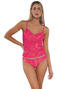 Active pose #1 of Jessica wearing Sunsets Blushing Palms Sandbar Rib Simone Tankini Top