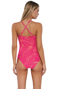 Back pose #1 of Jessica wearing Sunsets Blushing Palms Sandbar Rib Simone Tankini Top showing crossback straps