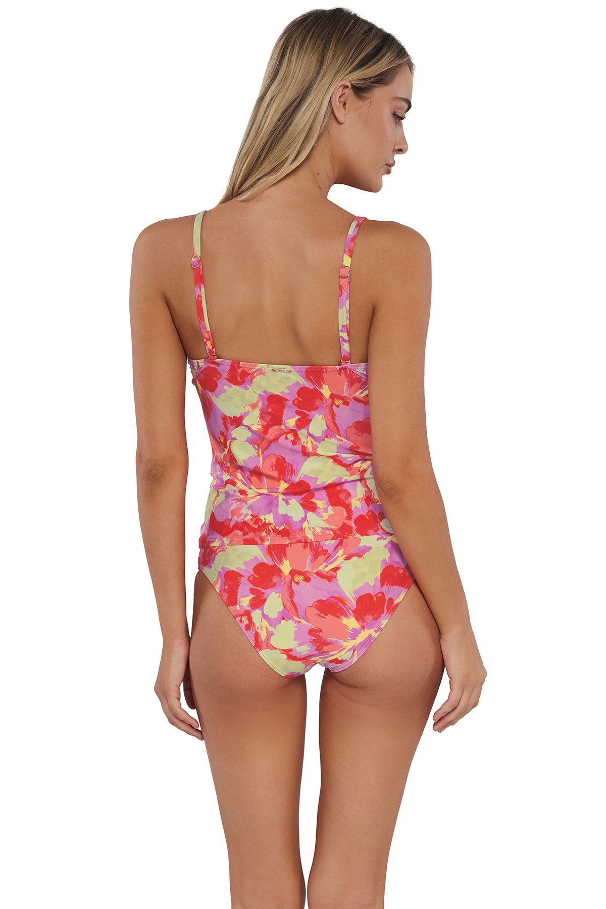 Back pose #1 of Jessica wearing Sunsets Butterfly Beach Collins Hipster Bottom paired with matching Simone Tankini