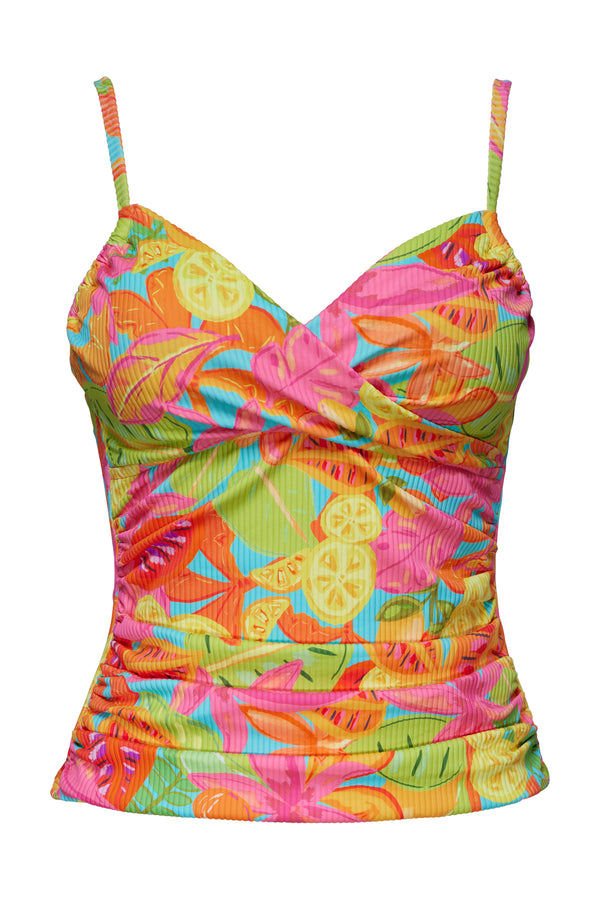 Front pose #1 of a floating garment shot featuring Sunsets Citrus Grove Sandbar Rib Simone Tankini Top