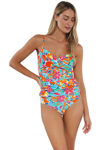 Active pose #1 of Jessica wearing Sunsets Festive Floral Sandbar Rib Simone Tankini Top