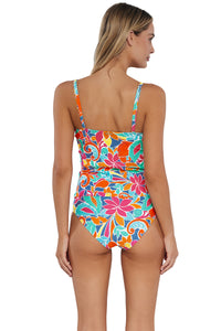 Back pose #1 of Jessica wearing Sunsets Festive Floral Sandbar Rib Simone Tankini Top