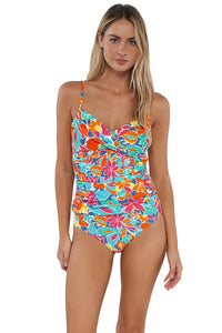 Front pose #2 of Jessica wearing Sunsets Festive Floral Sandbar Rib Simone Tankini Top