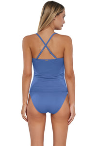 Back pose #1 of Jessica wearing Sunsets Harbor Blue Sandbar Rib Simone Tankini Top showing crossback straps