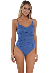 Front pose #1 of Jessica wearing Sunsets Harbor Blue Sandbar Rib Simone Tankini Top