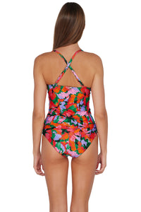 Back pose #1 of Daria wearing Sunsets Hummingbird Cove Simone Tankini Top showing crossback straps paired with matching Alana Reversible Hipster Bikini Bottom