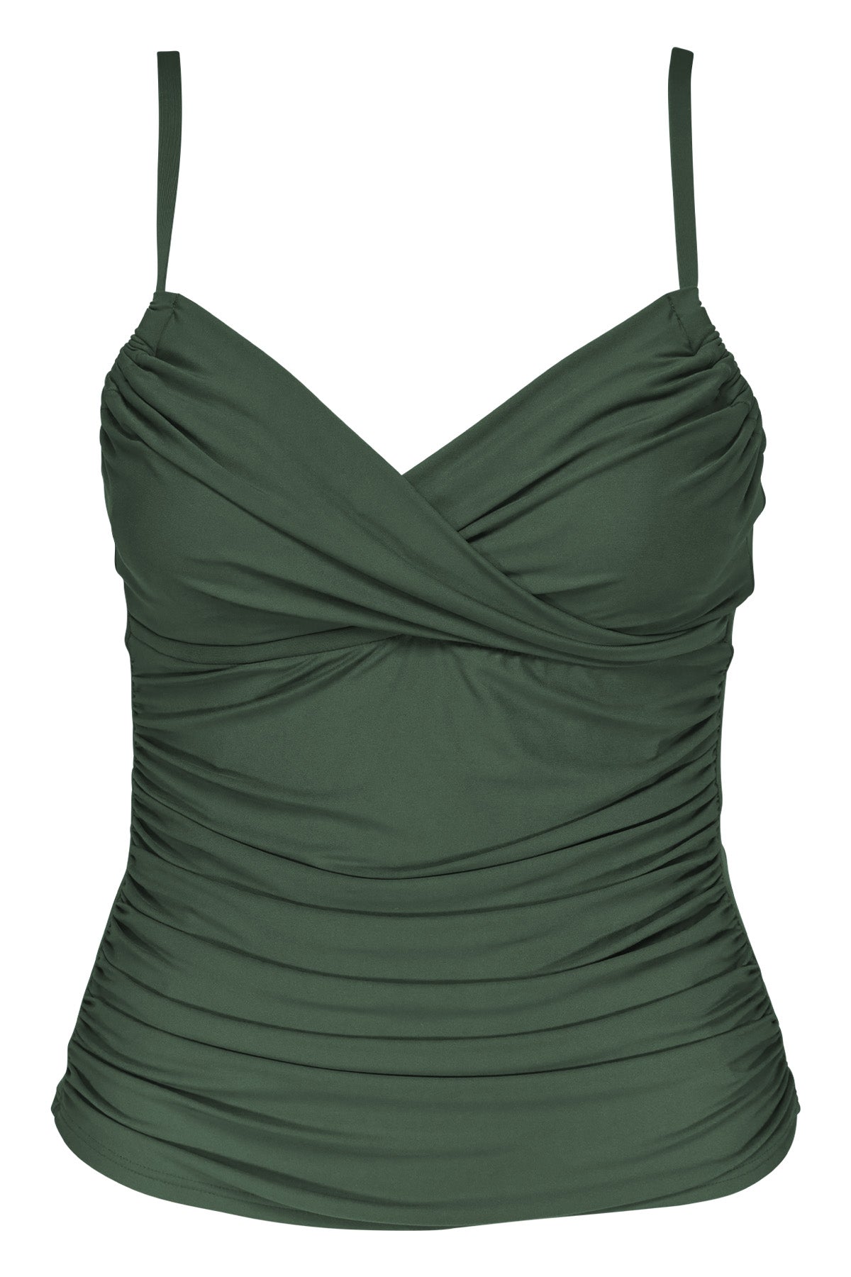 Front pose #1 of a floating garment shot featuring Sunsets Island Green Simone Tankini Top