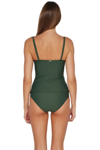 Back pose #1 of Daria wearing Sunsets Island Green Simone Tankini Top paired with matching Capri High Waist Bottom