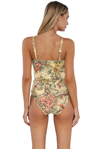 Back pose #1 of Jessica wearing Sunsets Island Spice Simone Tankini Top