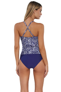 Back pose #1 of Jessica wearing Sunsets Marina Simone Tankini Top showing crossback straps