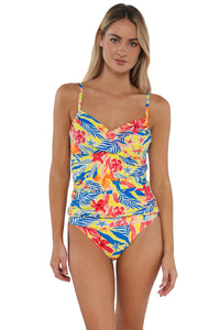 Front pose #1 of Jessica wearing Sunsets Suncatcher Simone Tankini Top paired with matching Hannah High Waist Bottom