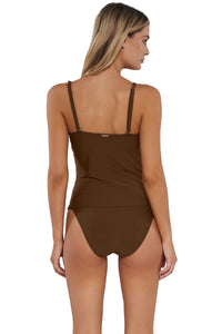 pose #1 of Jessica wearing Sunsets Tiki Brown Simone Tankini Top