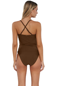 pose #1 of Jessica wearing Sunsets Tiki Brown Simone Tankini Top