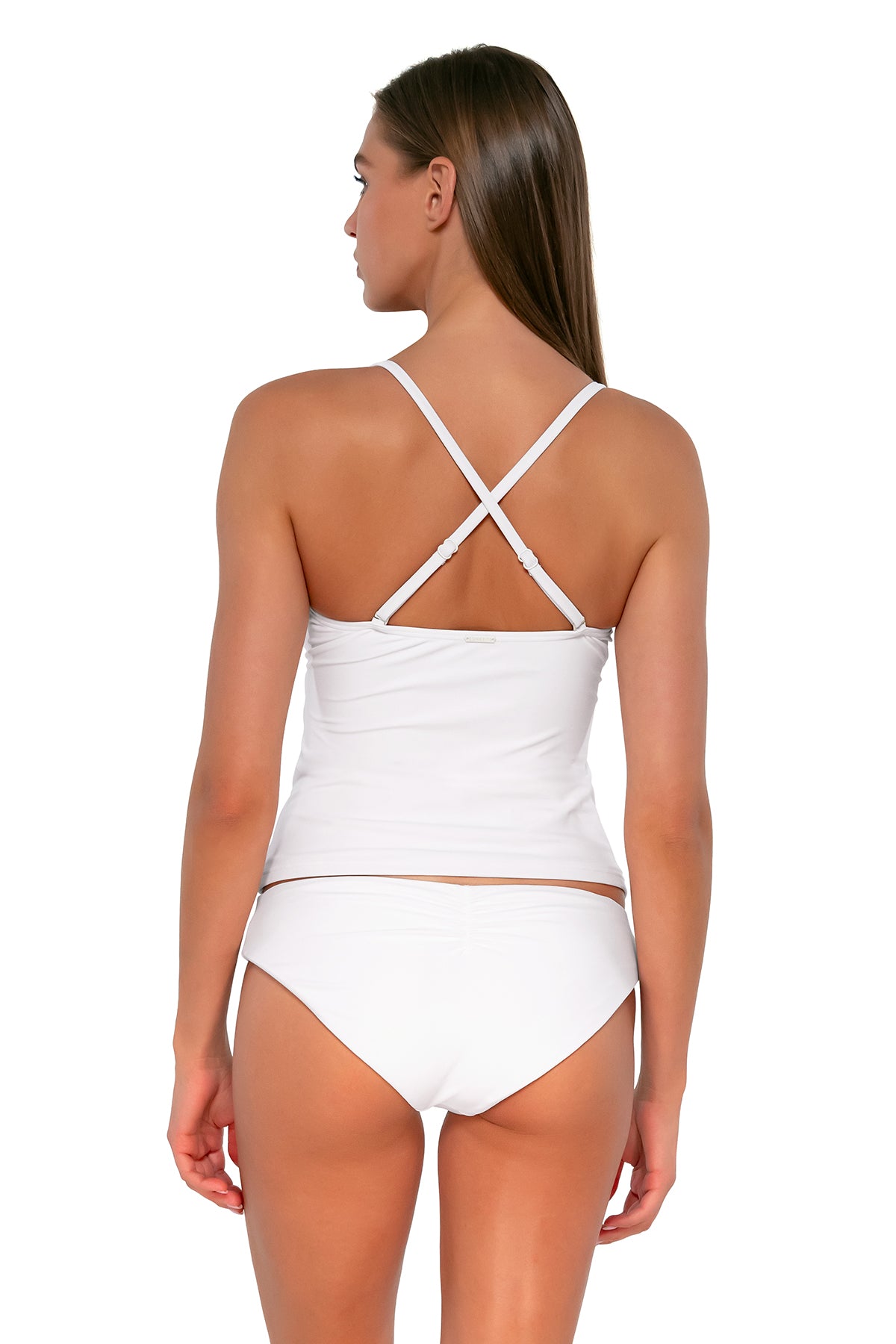  Back pose #1 of Daria wearing Sunsets White Lily Simone Tankini Topshowing crossback straps with matching Alana Reversible Hipster bikini bottom