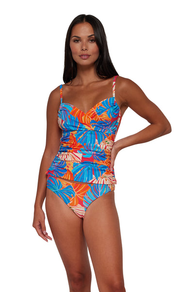 Active front pose #1 of Amanda wearing Sunsets Zesty Tropicana Simone Tankini Top paired with matching Bikini Bottoms