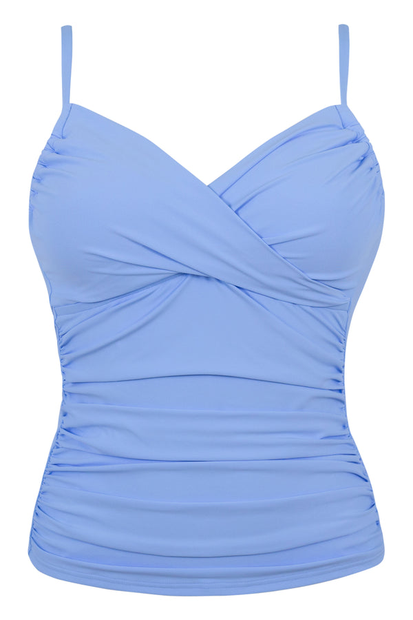 Front pose #1 of a floating garment shot featuring Sunsets Blue Whisper Simone Tankini Top