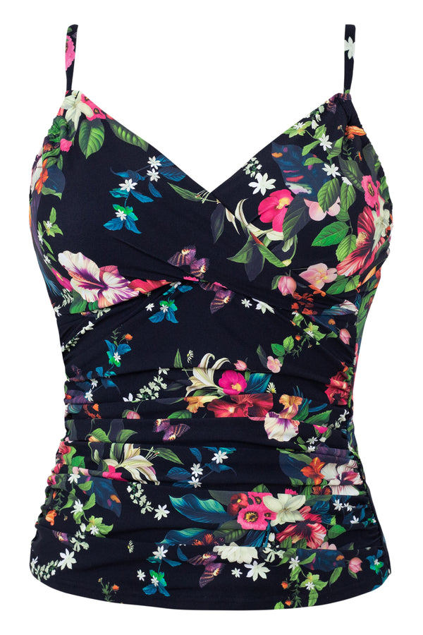 Front pose #1 of a floating garment shot featuring Sunsets Fleur Noire Simone Tankini Top