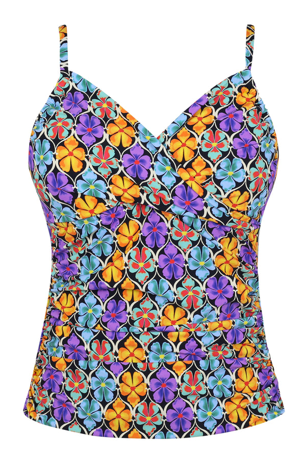 Front pose #1 of a floating garment shot featuring Sunsets Trellis Blooms Simone Tankini Top