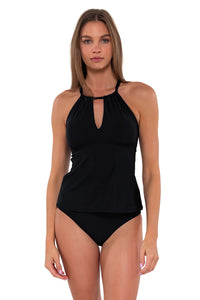 Front pose #1 of Daria wearing Sunsets Black Mia Tankini Top with matching Hannah High Waist bikini bottom