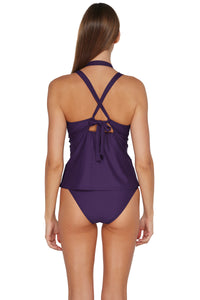 Back pose #1 of Daria wearing Sunsets Paradise Plum Mia Tankini Top showing double-strap crossback paired with matching Collins Hipster Bikini Bottom