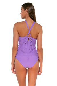 Back pose #1 of Daria wearing Sunsets Passion Flower Mia Tankini Top with matching Alana Reversible Hipster bikini bottom