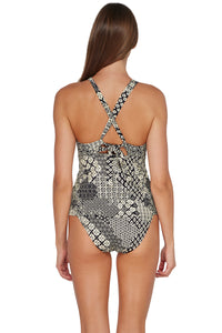 Back pose #1 of Daria wearing Sunsets Venice Seagrass Texture Mia Tankini Top paired with matching Hannah High Waist Bottom