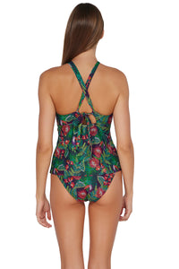 Back pose #1 of Daria wearing Sunsets Welcome To Rio Mia Tankini Top paired with matching Annie High Waist Bottom