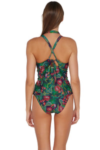 Back pose #1 of Daria wearing Sunsets Welcome To Rio Mia Tankini Top showing double-strap crossback paired with matching Annie High Waist Bottom