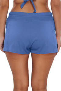 Back pose #1 of Nicki wearing Sunsets Escape Harbor Blue Sandbar Rib Laguna Swim Short