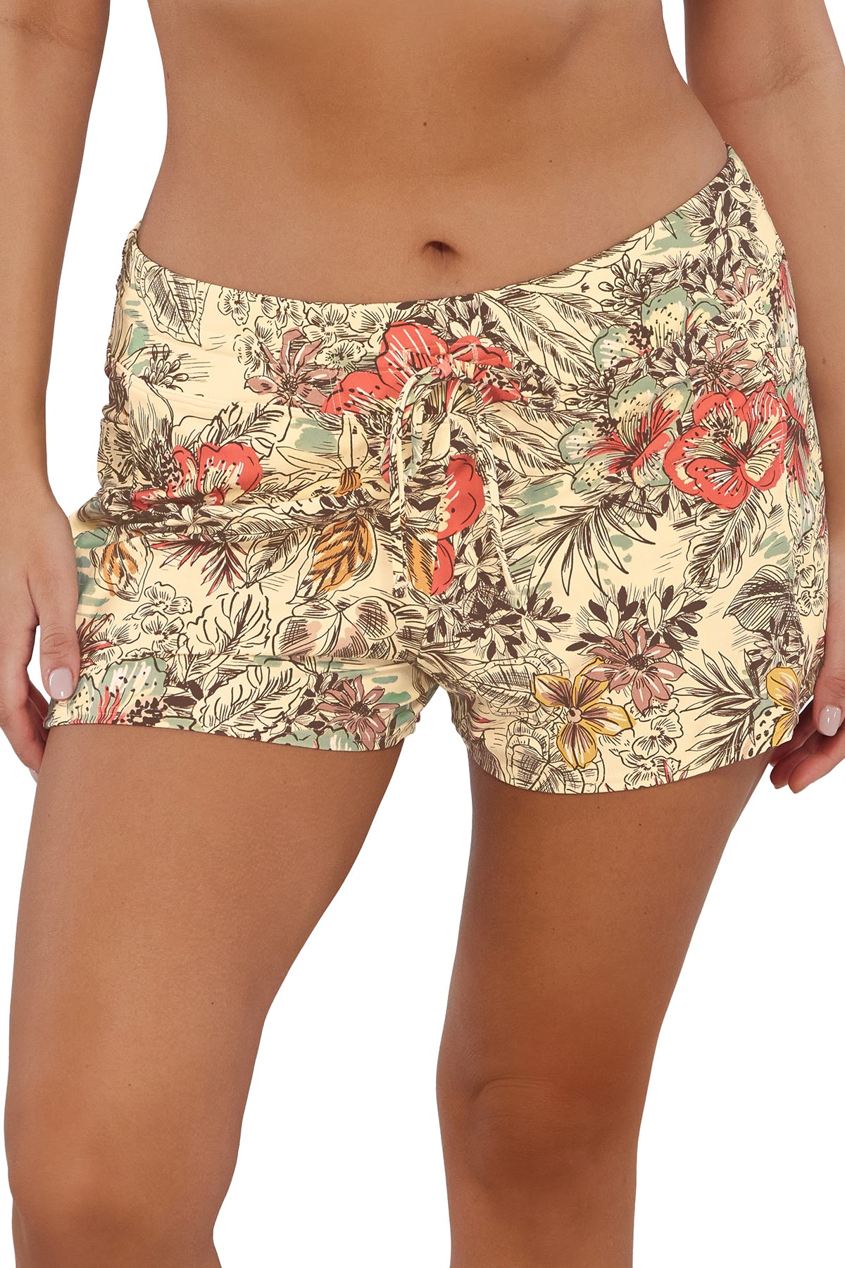 Front pose #1 of Nicki wearing Sunsets Escape Island Spice Laguna Swim Short