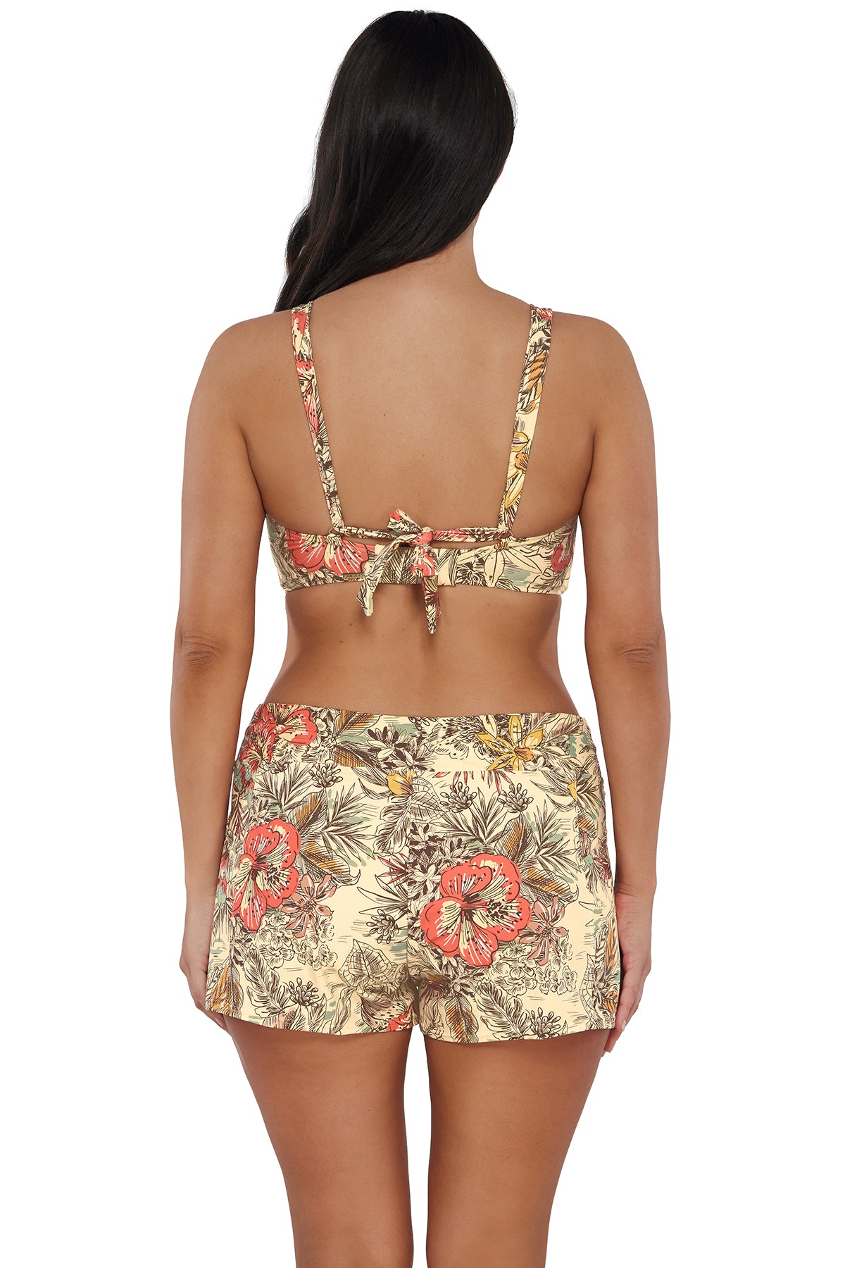 Back pose #1 of Nicki wearing Sunsets Escape Island Spice Laguna Swim Short paired with matching