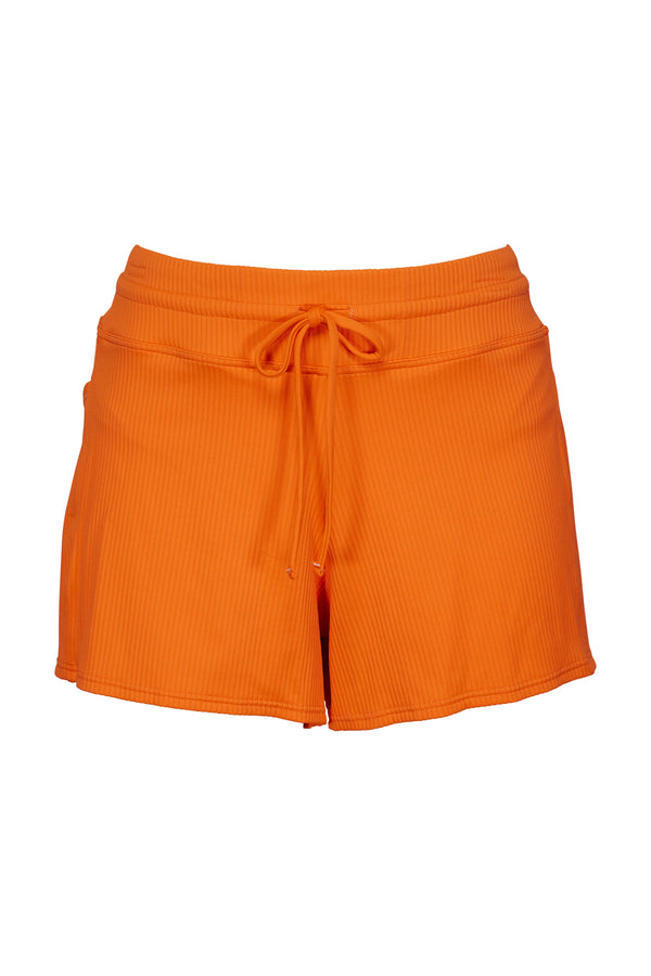 Front pose #1 of a floating garment shot featuring Sunsets Escape Kumquat Sandbar Rib Laguna Swim Short