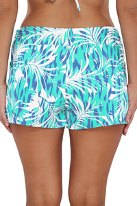 Back pose #1 of Nicki wearing Sunsets Escape Sea Breeze Sandbar Rib Laguna Swim Short