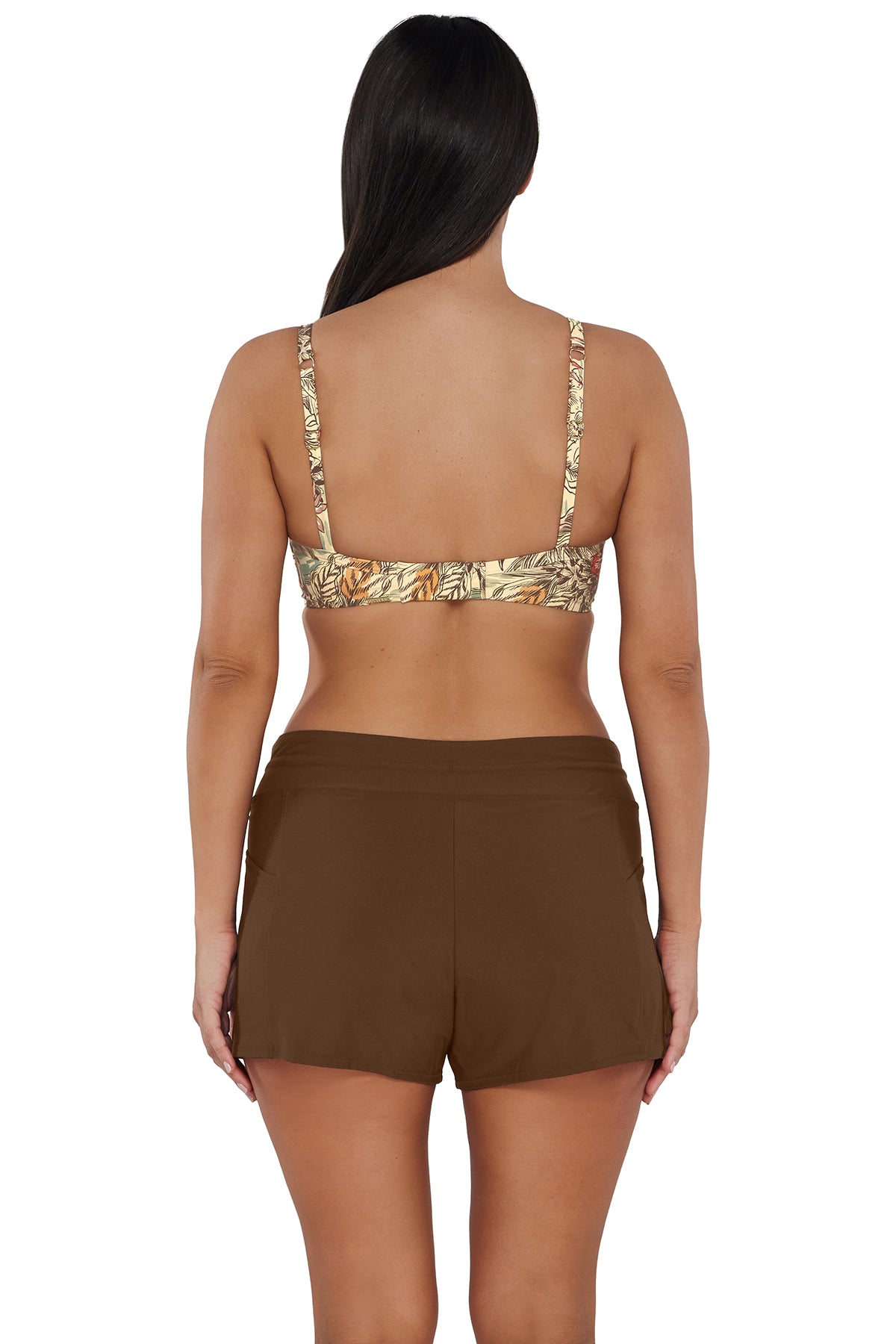 Back pose #1 of Nicki wearing Sunsets Escape Tiki Brown Laguna Swim Short paired with matching