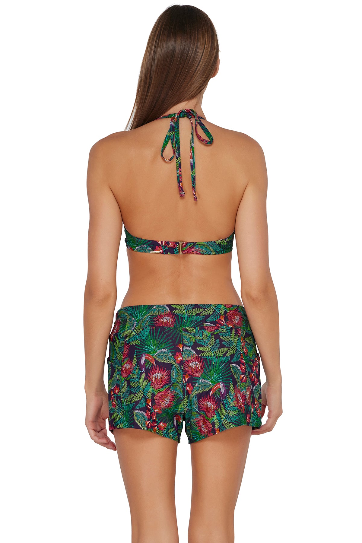 Back pose #1 of Daria wearing Sunsets Escape Welcome To Rio Laguna Swim Short Bottom paired with matching Brooke U-Wire Top