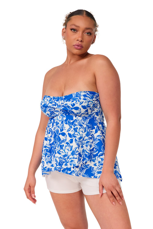 Front pose #2 of Haviland wearing Sunsets Escape Chelsea Petals Molly Bandeau Tankini Top as a strapless bikini