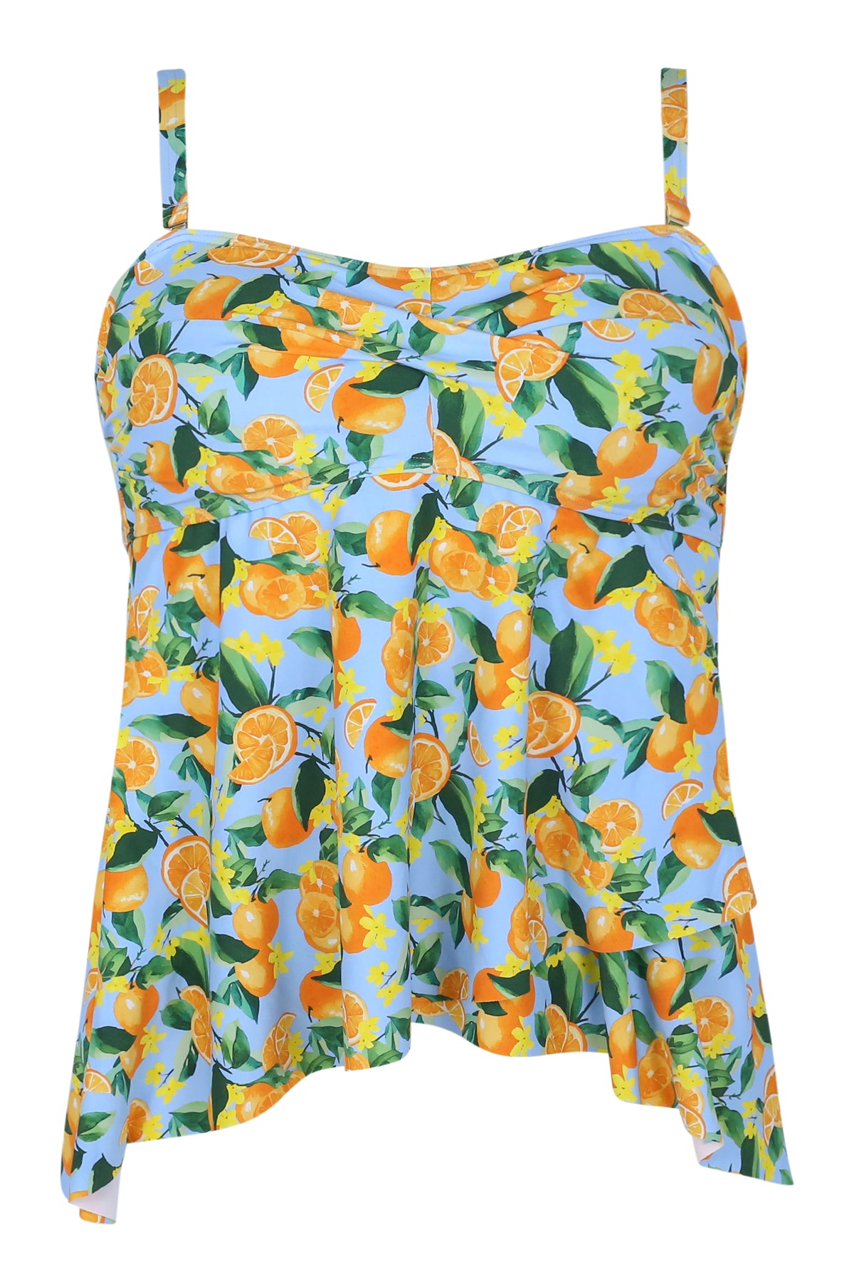 Front pose #1 of a floating garment shot featuring Sunsets Escape Clementine Molly Bandeau Tankini Top